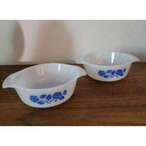Vtg 2x Fire-King Anchor Hocking Milk Glass Custard Bowls Blue Floral 12oz #472